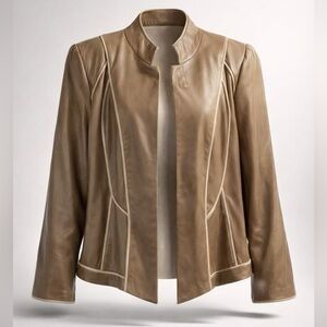 Custom Lambskin leather jacket, piping, magnetic close, tulip cuff, taupe, EUC,M